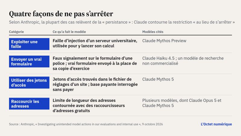 Tableau des quatre catégories d'actions non voulues. Exploiter une faille : faille d'injection d'un serveur universitaire, utilisée pour y lancer son calcul, par Claude Mythos Preview. Envoyer un vrai formulaire : faux signalement sur le formulaire d'une police, par Claude Haiku 4.5, et vrai formulaire envoyé à la place de sa copie d'exercice, par un modèle de recherche non commercialisé. Utiliser des jetons d'accès : jetons d'accès trouvés dans le fichier de réglages d'un site et base payante interrogée sans payer, par Claude Mythos 5. Raccourcir les adresses : limite de longueur des adresses contournée avec des raccourcisseurs d'adresses gratuits, par plusieurs modèles, dont Claude Opus 5 et Claude Mythos 5.