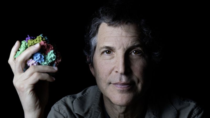 David Baker, sur fond noir, regarde l'objectif en tenant à hauteur d'épaule une maquette de protéine aux blocs de couleurs vives.
