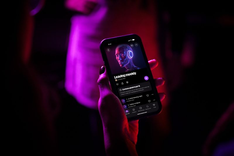 Une main tient un smartphone qui affiche dans l'application Deezer l'album « Leaving meekly », surmonté de l'encadré « Contenu généré par IA : certains morceaux de cet album peuvent avoir été créés à l'aide de l'intelligence artificielle ».