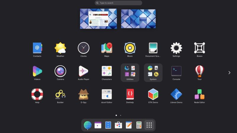 Bureau GNOME en vue d'ensemble : grille d'icônes d'applications (Contacts, Météo, Cartes, Paramètres, Console…), deux espaces de travail en haut et un dock en bas.