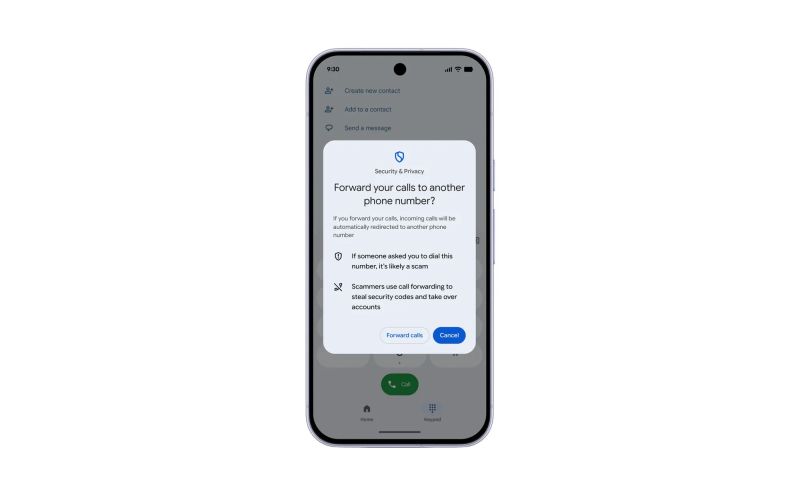 Écran d'un téléphone Android, en anglais : une fenêtre « Security & Privacy » demande si l'on veut renvoyer ses appels vers un autre numéro, prévient que c'est probablement une arnaque si quelqu'un a demandé de composer ce numéro, et propose « Forward calls » ou « Cancel ».