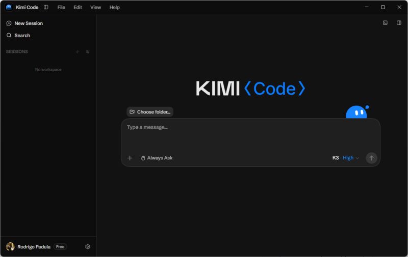 Fenêtre sombre de l'application de bureau Kimi Code : logo « KIMI Code » au centre, champ de saisie « Type a message… », et, en bas à droite du champ, le modèle choisi, « K3 · High ».