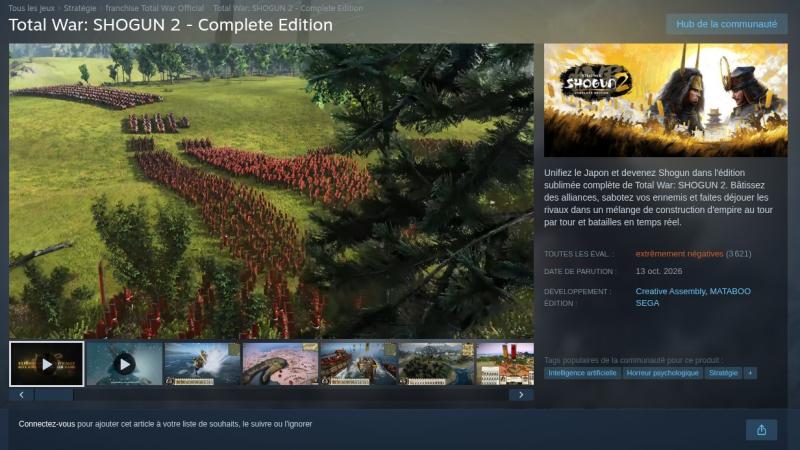Capture de la page du magasin Steam de Total War: Shogun 2 – Complete Edition : une image de bataille, des armées en rouge dans une vallée boisée, et à droite la jaquette du jeu, deux samouraïs en armure, au-dessus de la mention « extrêmement négatives » pour les évaluations, de la date de parution, le 13 octobre 2026, et des étiquettes ajoutées par les joueurs, « Intelligence artificielle » et « Horreur psychologique ».