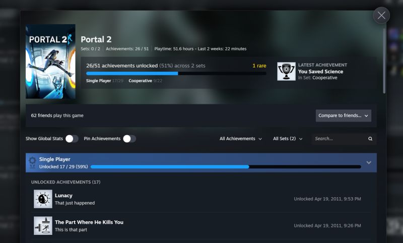 Fenêtre des succès de Portal 2 dans Steam : 26 succès sur 51 débloqués, répartis en deux ensembles, Single Player (17 sur 29) et Cooperative (9 sur 22), sous une barre de progression commune ; en dessous, la barre propre de l'ensemble Single Player (59 %) et la liste de ses succès débloqués.
